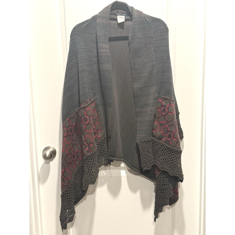 Sweater Girl Gray Cardigan XL Red‎ Geometric Waterfall Knit Boho Cozy